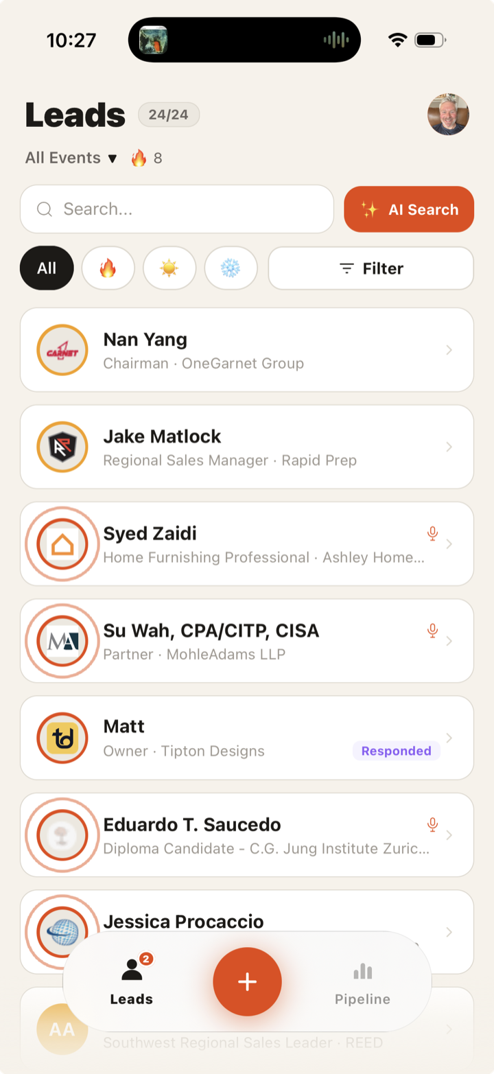 Leads list with AI search and Hot, Warm, Cold filters